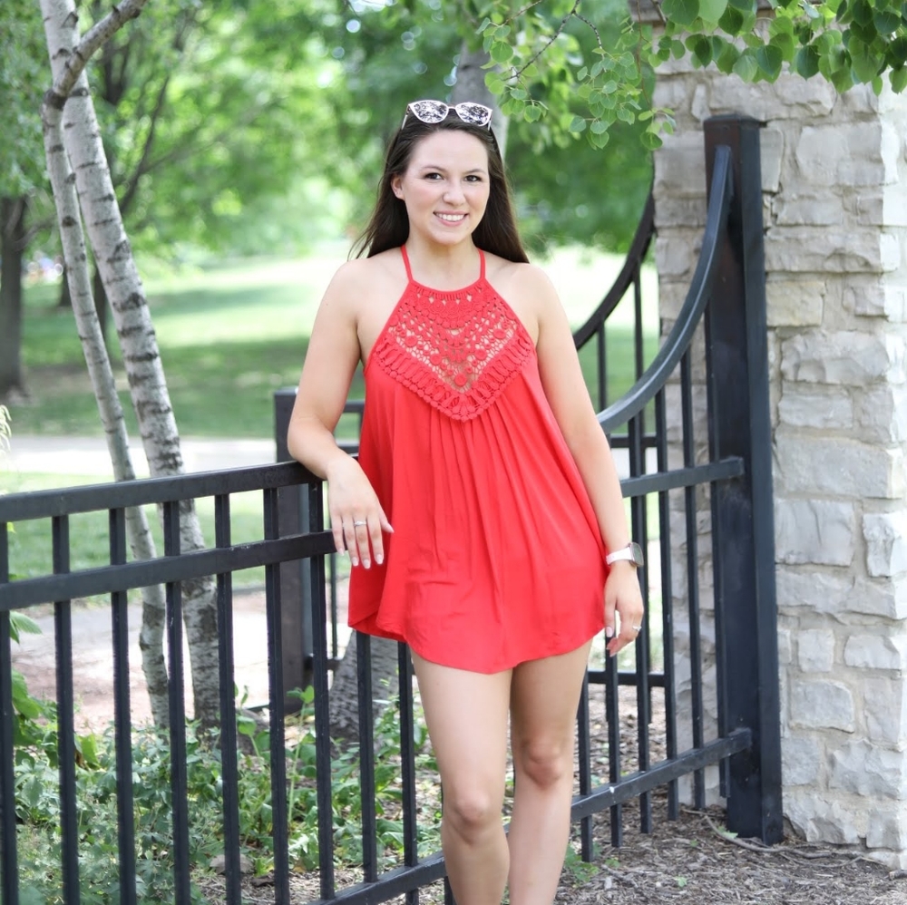 Crochet lace detail top red